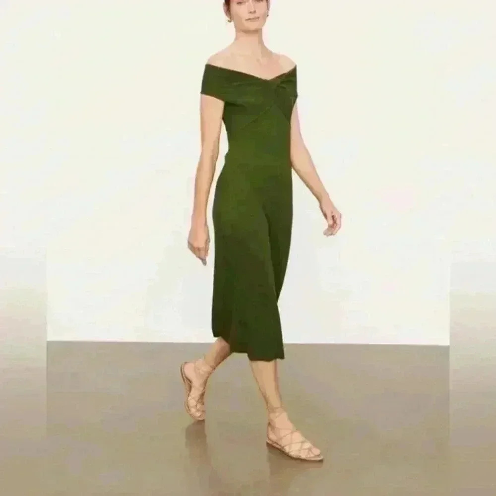 Vince Olive Green Off-Shoulder Midi Dress